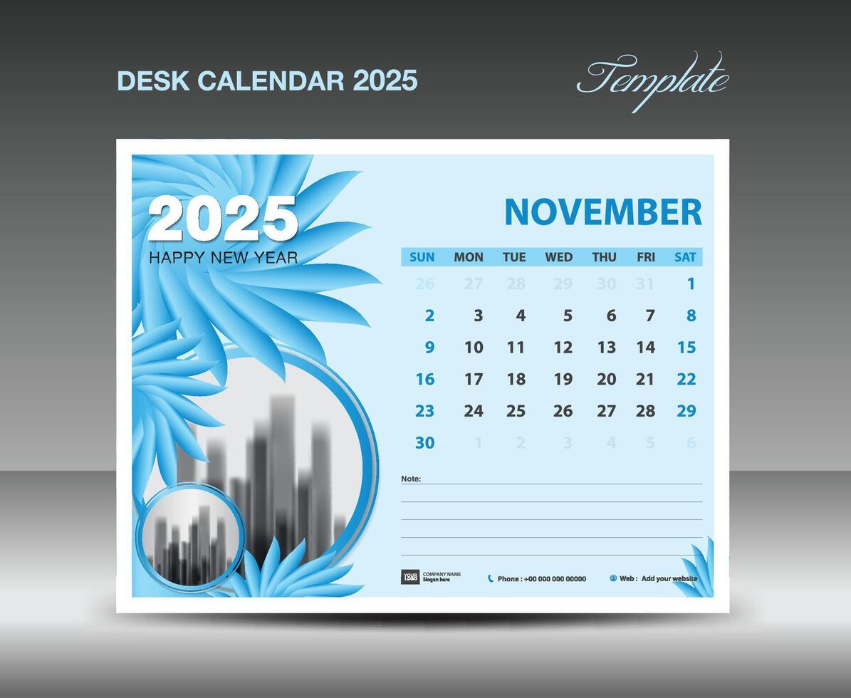 kalender 2025 design- november 2025 mall, skrivbord kalender 2025 mall blå blommor natur begrepp, planerare, vägg kalender kreativ aning, annons, utskrift mall, eps10 vektor