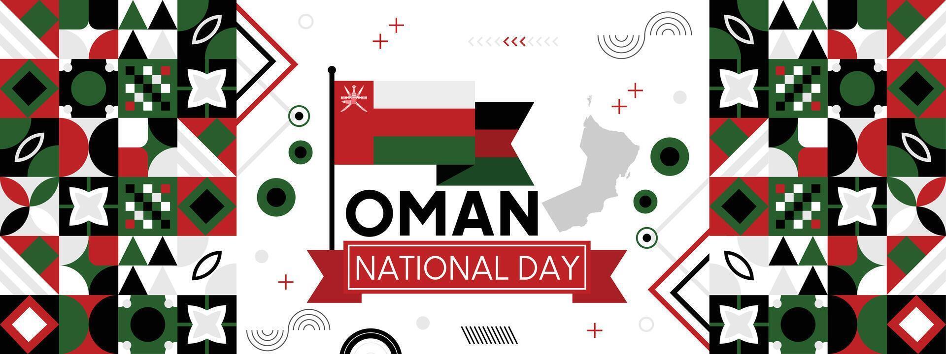 oman nationell dag baner med kalligrafi oman flagga färger tema bakgrund geometrisk abstrakt modern retro design. vektor