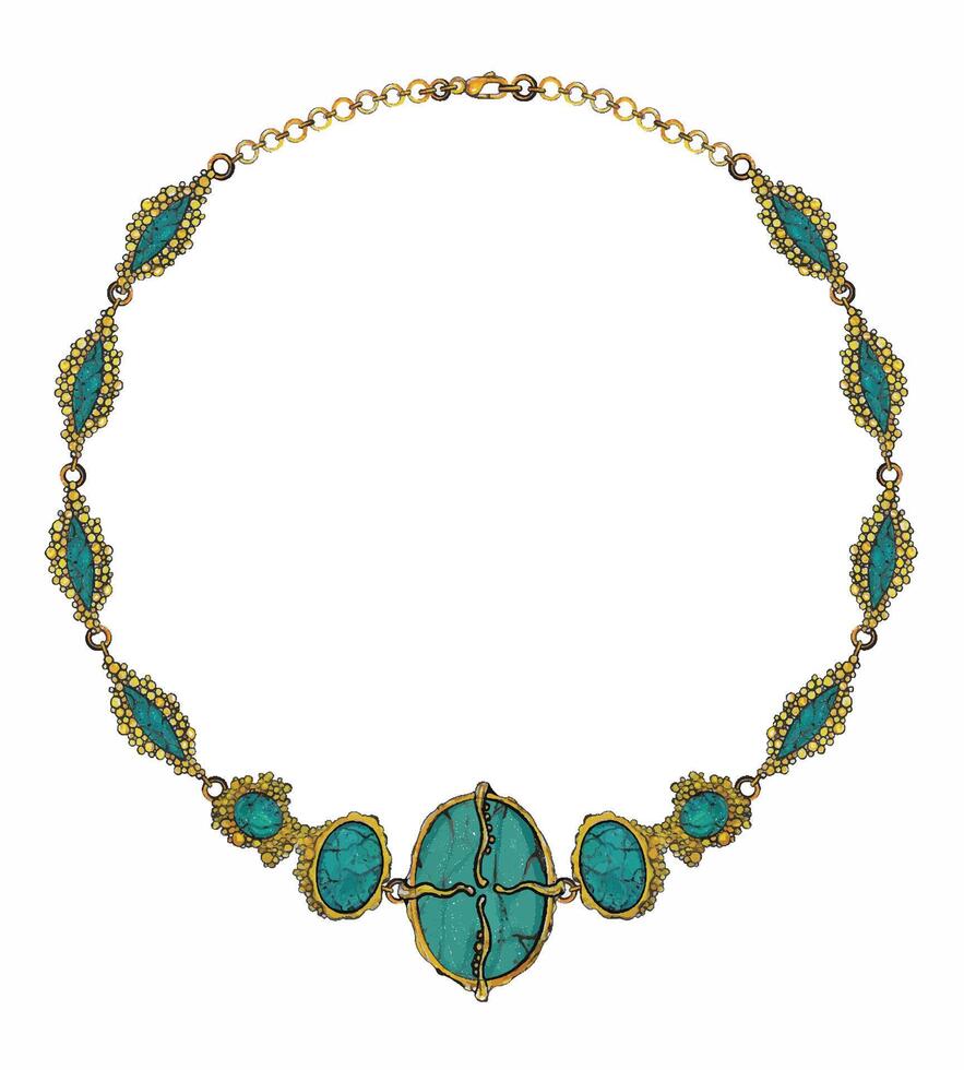 Smycken desing fint konst guld halsband uppsättning med turkos skiss förbi hand på papper. vektor