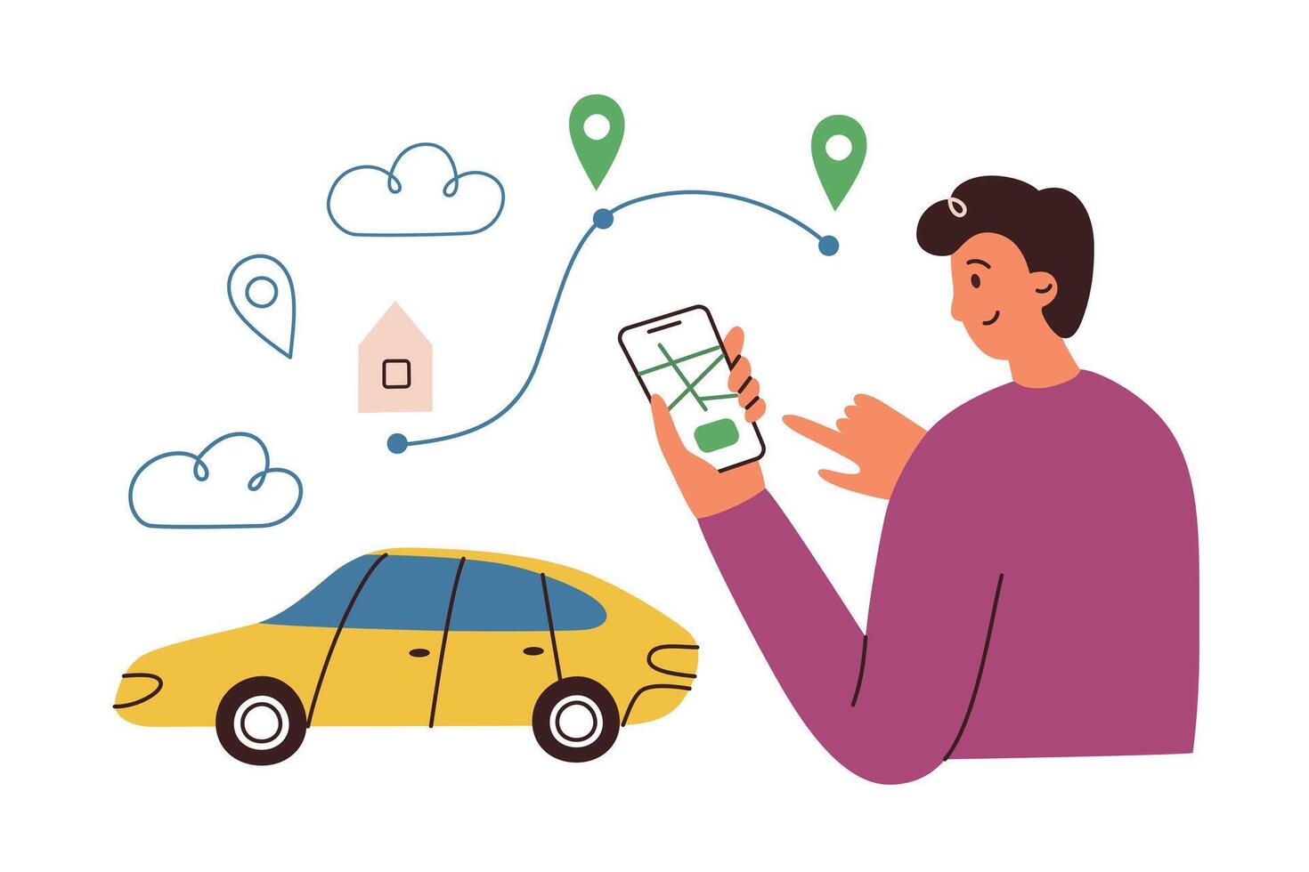 Mann Anrufe Taxi Reiten durch Telefon, Taxi Handy, Mobiltelefon App Illustration, Hand gezeichnet Komposition mit Karikatur Person und Gelb Auto, Symbol von Smartphone mit Auto Teilen Service, Buch Transport zum Ausflug vektor