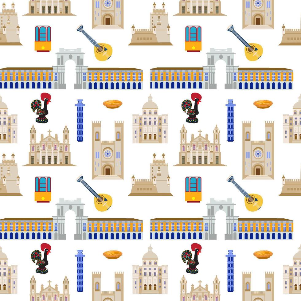 sömlös mönster med de sevärdheter av lissabon Portugal, illustration är tillverkad i en platt stil för tapet bakgrund, gåva förpackning, souvenir produkt design, vykort och bärbara datorer för turister vektor