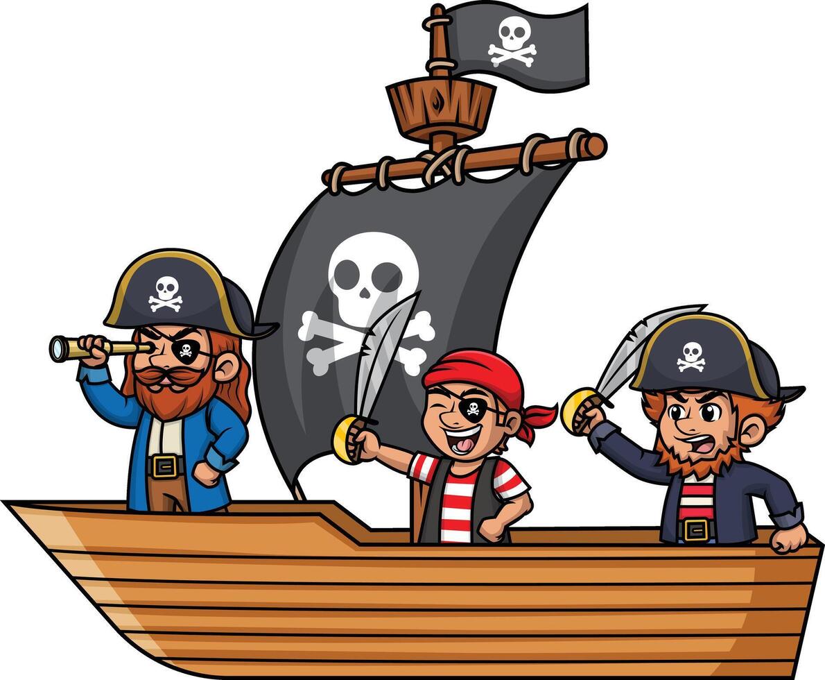 pirat besättning ombord en fartyg med svart segel illustration vektor