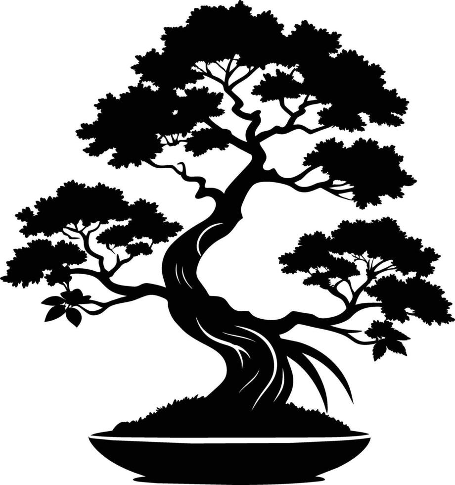 en svart silhuett av en bonsai träd vektor