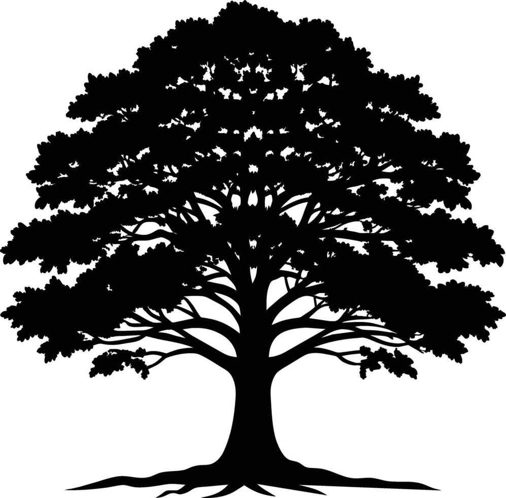 en ek träd med rötter silhuett svart vektor