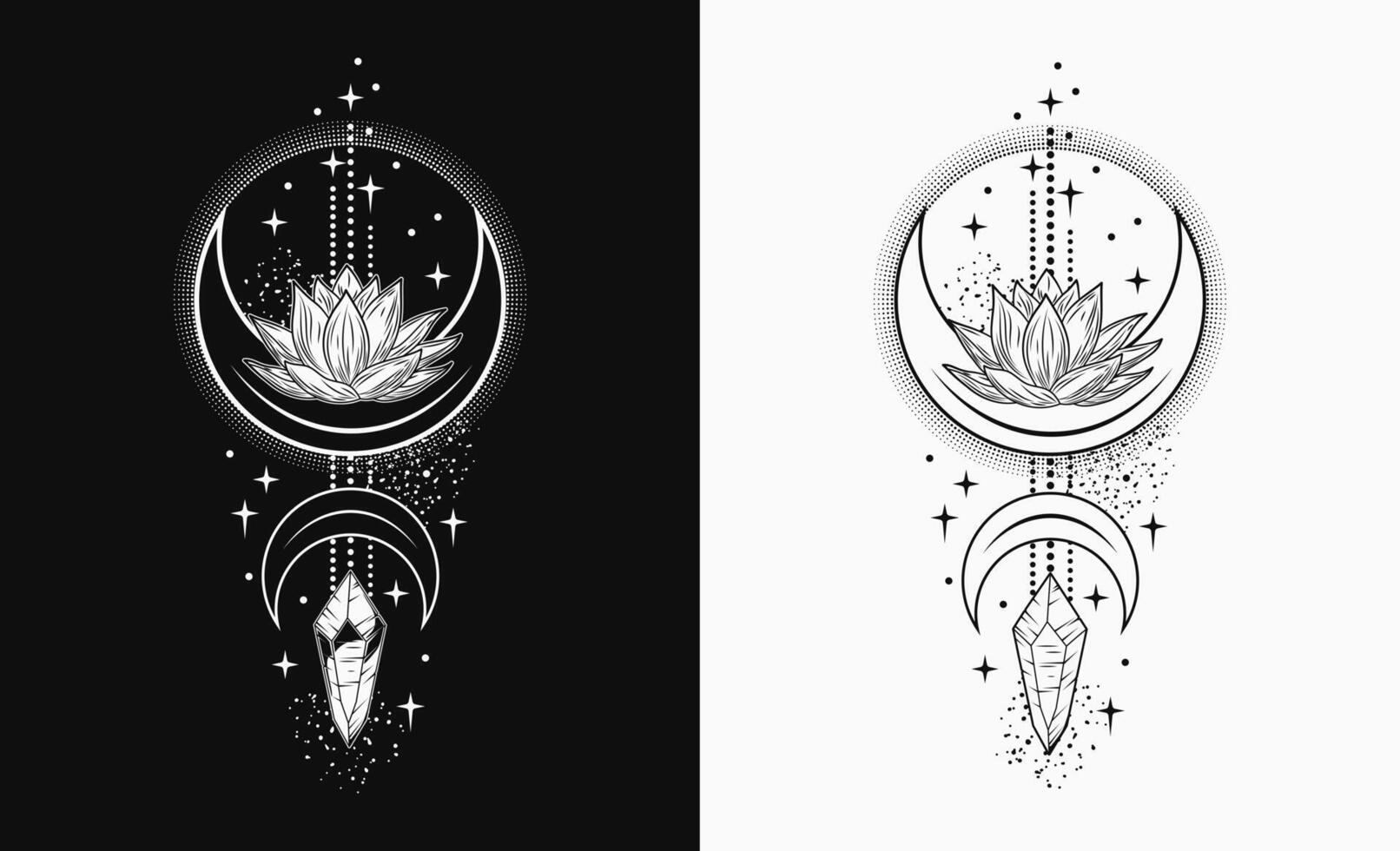 Vertikale schwarz und Weiß himmlisch Komposition mit Lotus Blume, Magie glühend Kristall, Mond Halbmond, Sterne. mysteriös, mystisch Konzept zum Meditation, klar Bewusstsein. Jahrgang Stil. vektor