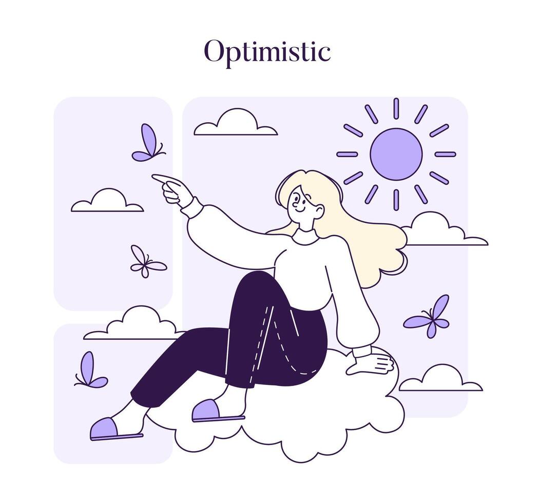 en ung kvinna sitter på en moln, pekande mot de Sol, förkroppsligande positivitet och en hoppfull syn vektor