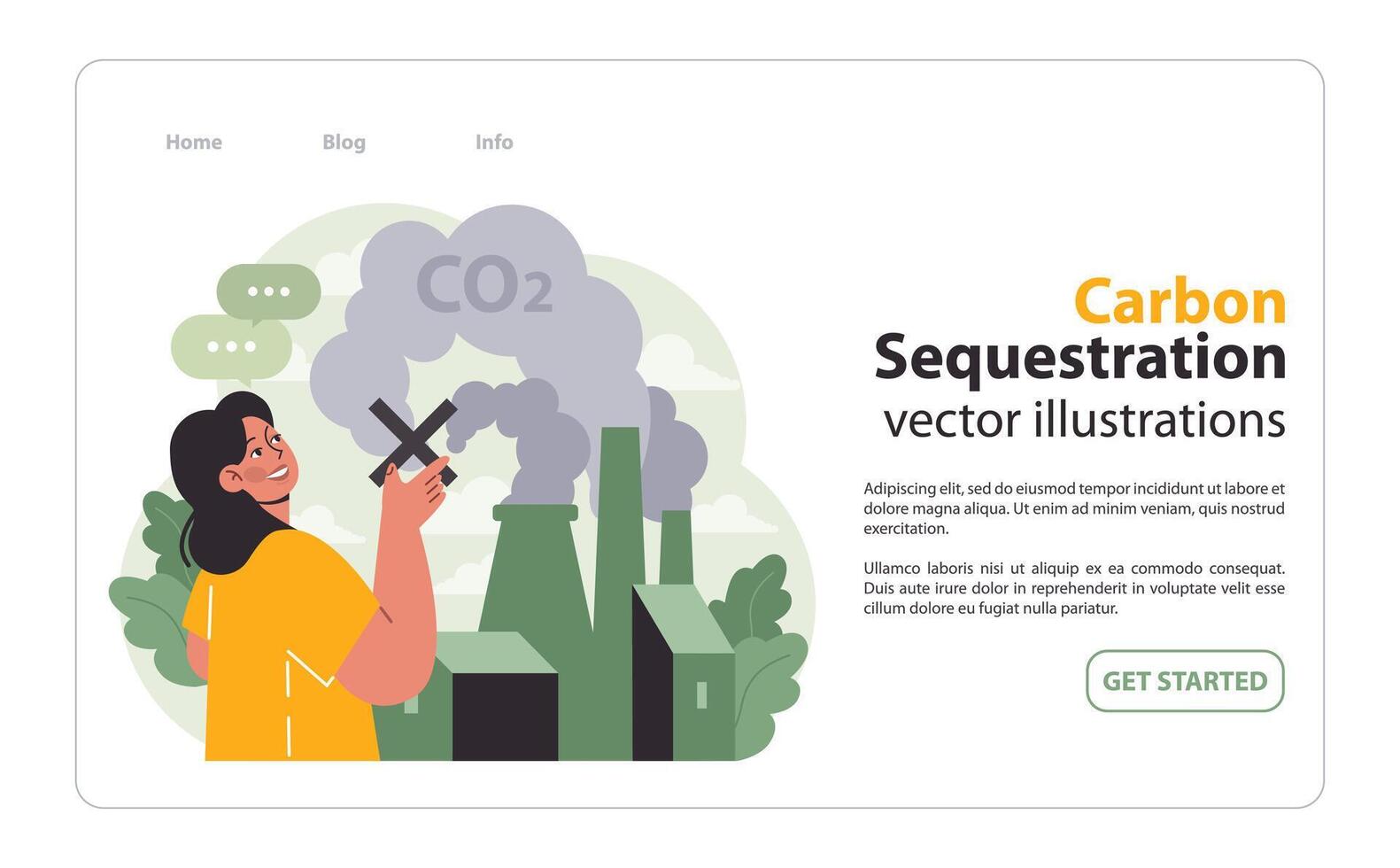 Frau Hervorheben das Bedeutung von reduzieren co2 Emissionen von Fabriken. eben Illustration. vektor