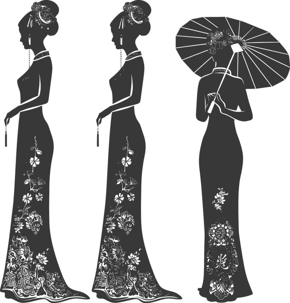 silhuett oberoende kinesisk kvinnor bär Cheongsam eller zansae svart Färg endast vektor