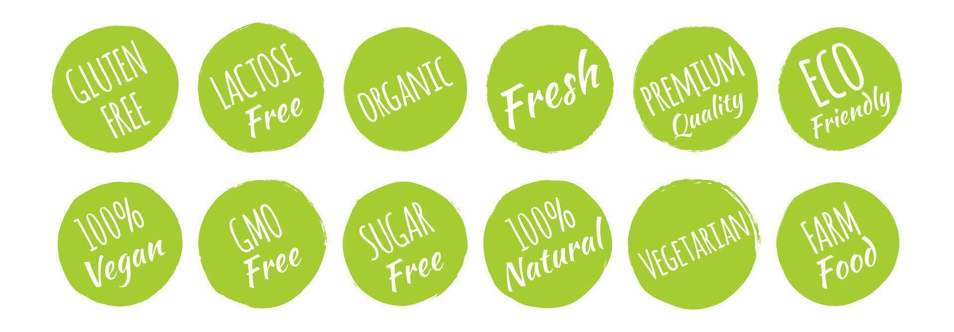 gluten, laktos, gmo, socker fri, eco vänlig, 100 vegan, naturlig, vegetarian, bruka mat ikoner märka uppsättning vektor