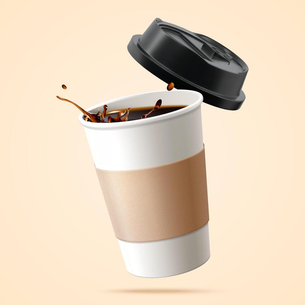 Papier Tasse gefüllt mit schwarz Kaffee im 3d Über Beige Hintergrund vektor
