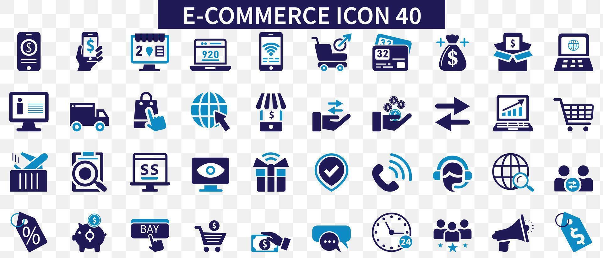 e-handel ikoner.40 e-handel, uppkopplad handla och leverans ikon. platt ikoner samling vektor