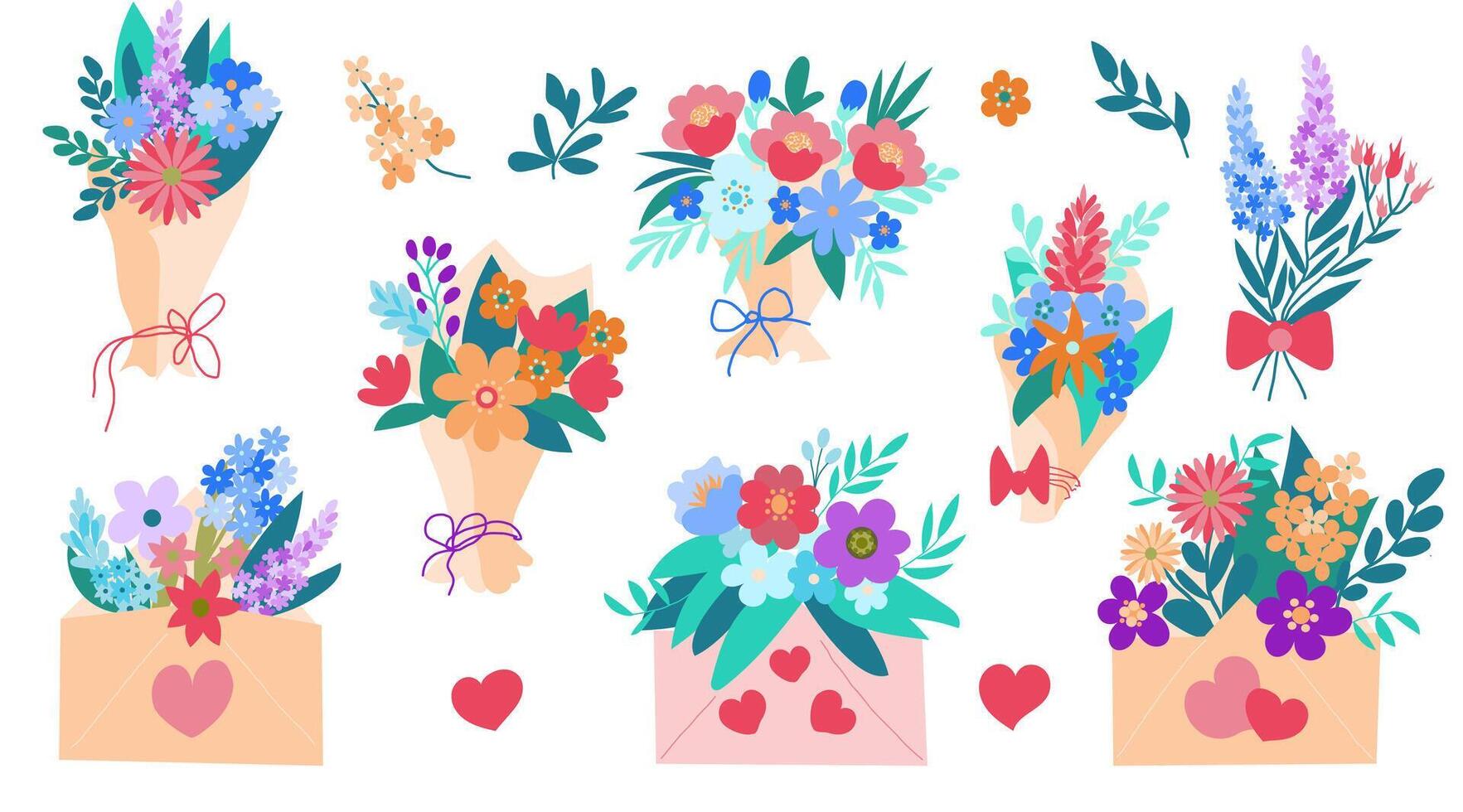 uppsättning av söt ritad för hand buketter av blommor och blommor i kuvert, hälsning kort och design element för internationell kvinnors dag, hjärtans dag och älskare dag och påsk, vår högtider vektor