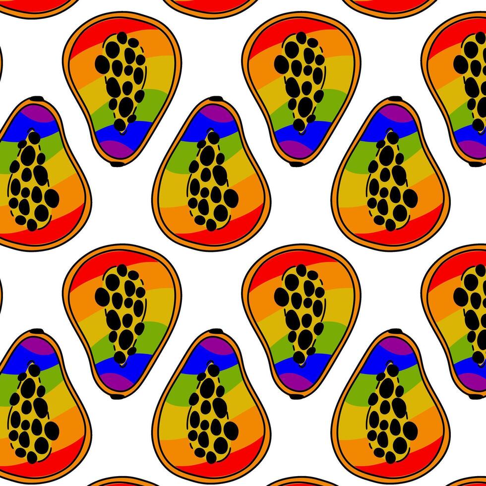 Muster von Papaya, gemalt im alle das Farben von das Regenbogen. nahtlos Früchte mit ein Kontur. Hälfte ein Obst mit ein farbig Füllung. ein lgbt Symbol. geeignet zum Webseite, Blog, Produkt Verpackung und Mehr vektor
