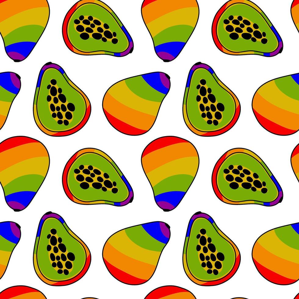 en mönster av papaya, målad i Allt de färger av de regnbåge. sömlös frukt med en färgad kärna kontur. hela och skivad frukter. ett HBTQ symbol. lämplig för hemsida, blogg, produkt, förpackning vektor