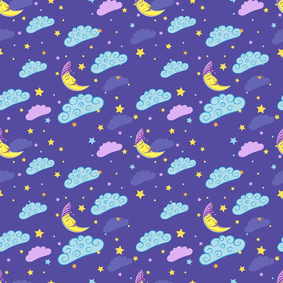 nahtloses Muster mit süßem schlafendem Mond, Sternen und Wolken. vektor