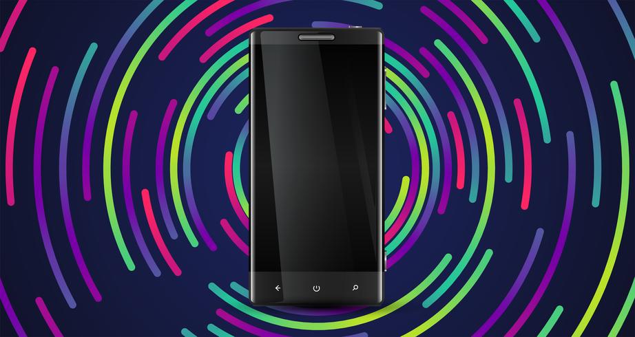 En realistisk mobiltelefon med en färgstark bakgrund, vektor illustration
