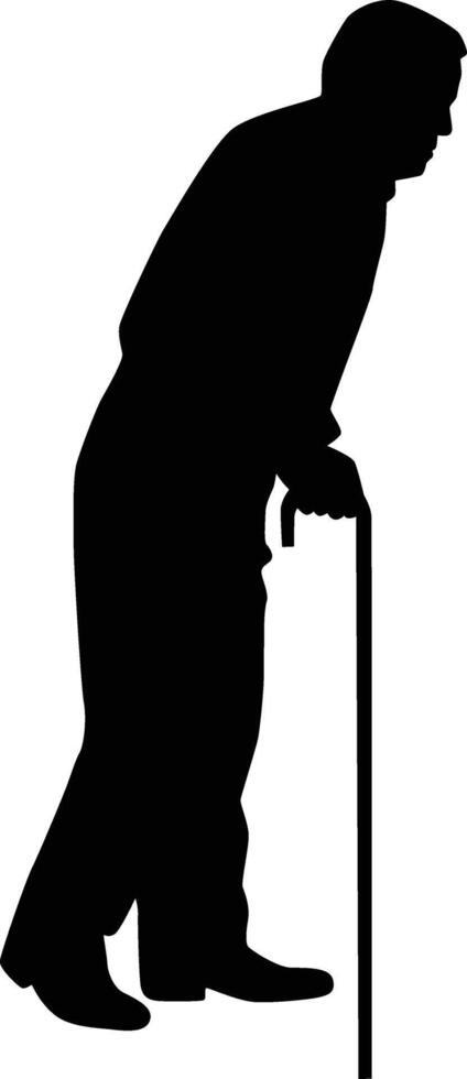 Alten Mann Stehen mit Stock Silhouette Illustration. alt Mann Pose Silhouette im schwarz Farbe. Hand gezeichnet Senior Mann im . vektor