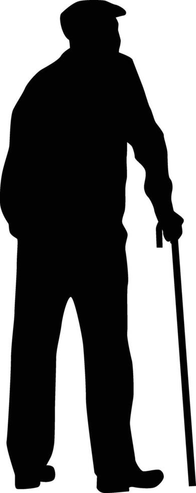 äldre man stående med sockerrör silhuett illustration. gammal man utgör silhuett i svart Färg. hand dragen senior man i . vektor
