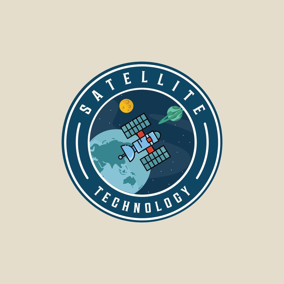 satellit på yttre Plats emblem logotyp illustration mall ikon grafisk design. flyg- tecken eller symbol för astronomi begrepp med cirkel bricka typografi stil vektor