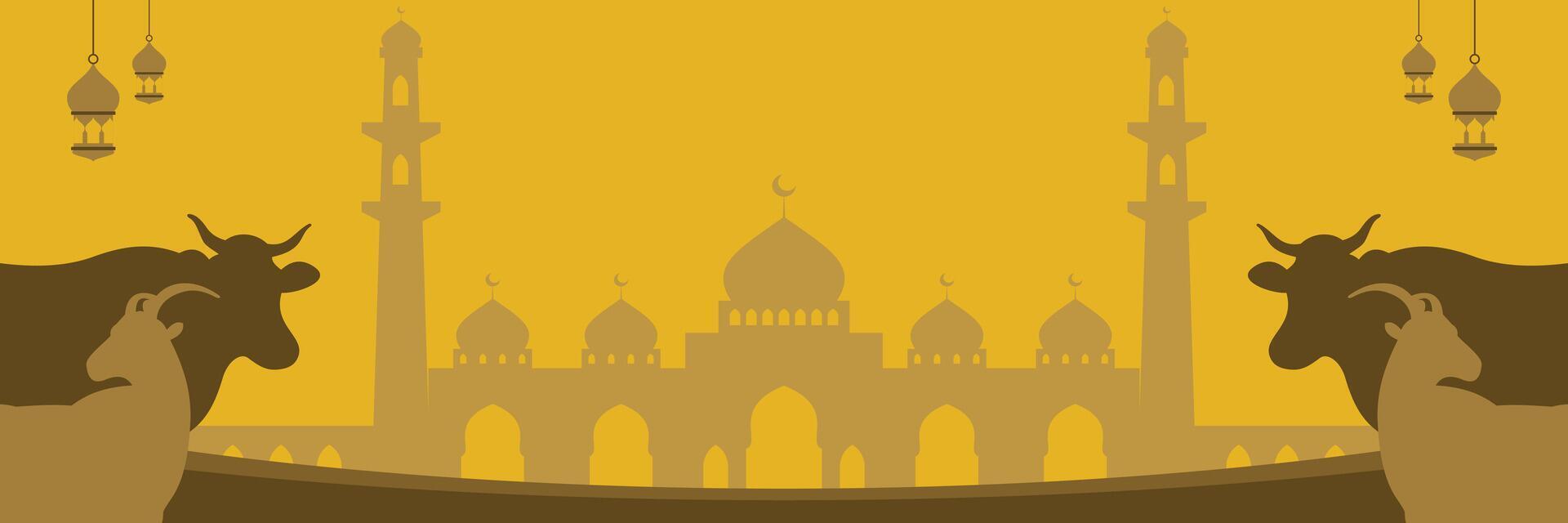 islamisch Gold Hintergrund zum eid al-adha, mit Moschee, Kuh und Ziege Silhouette Symbole. Banner Vorlage mit leeren Raum zum Text. Design zum Tag von Opfern vektor