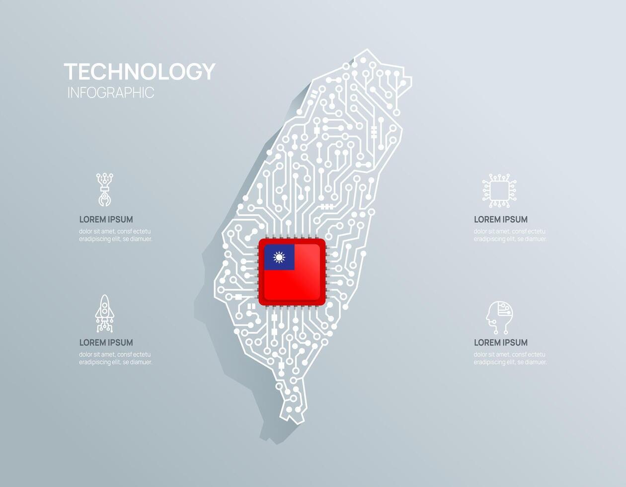 Schaltkreis Chip Tafel Halbleiter Technologie Infografik. Infografik Schaltkreis Tafel Taiwan Karte gestalten Konzept Hintergrund. Illustration. vektor