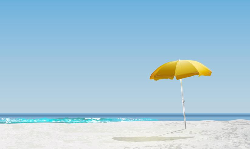 Realistiskt landskap av en strand med solnedgång / soluppgång och en gul parasoll, vektor illustration
