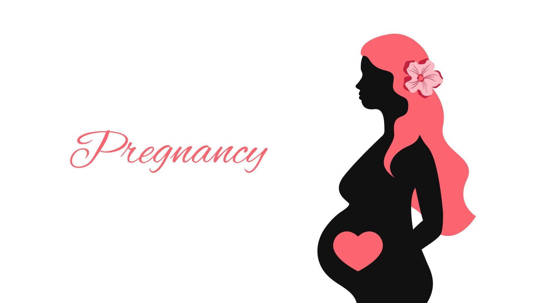 siluett av gravid kvinna i profil isolerade. ung blivande mamma med långt hår och blomma. graviditet text. vektor illustration