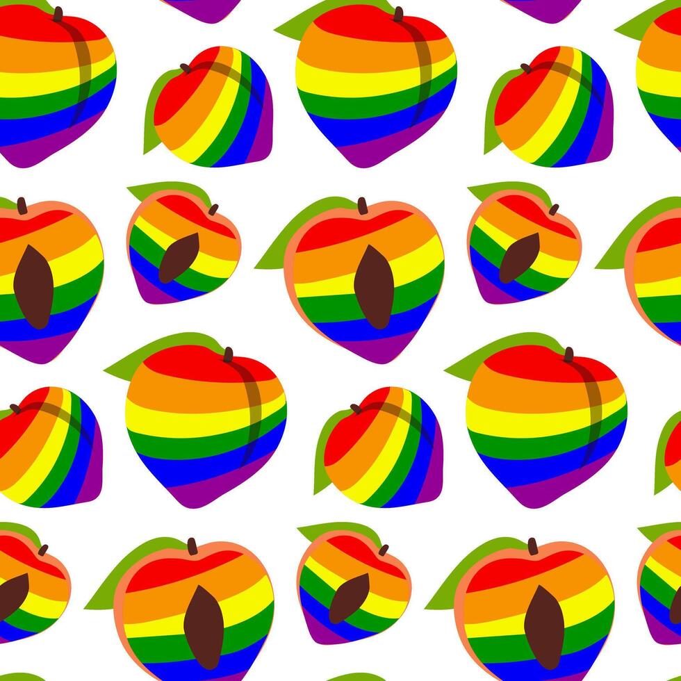 Muster von Pfirsiche gemalt im alle das Farben von das Regenbogen. bunt Früchte individuell. ganze und Hälften im anders Posen. lgbt Symbol. geeignet zum Webseite, Blog, Produkt Verpackung, Zuhause Dekor vektor