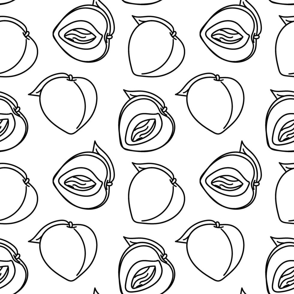 ein Muster von Pfirsiche mit ein Kontur, ganze und im Abschnitt. linear Früchte mit Blätter sind gemacht im einfarbig Farbe. Illustration gepaart im ein Muster. flauschige Früchte im ein nahtlos Textur vektor
