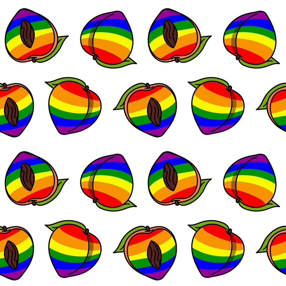 Muster von Pfirsiche gemalt im alle das Farben von das Regenbogen mit ein Kontur. bunt Früchte individuell. ganze Hälften im anders Posen. lgbt Symbol. geeignet zum Webseite, Blog, Produkt Verpackung vektor