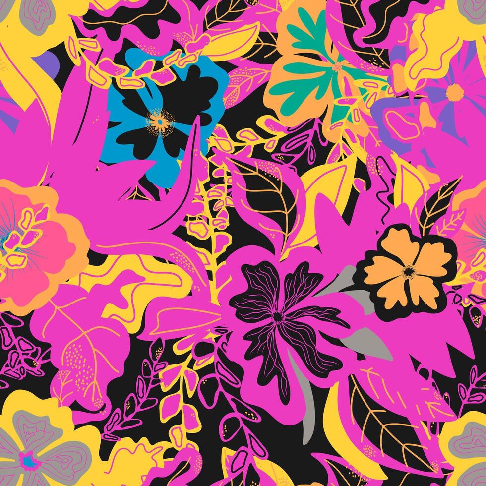 en färgrik blommig mönster med rosa, gul och blå blommor vektor