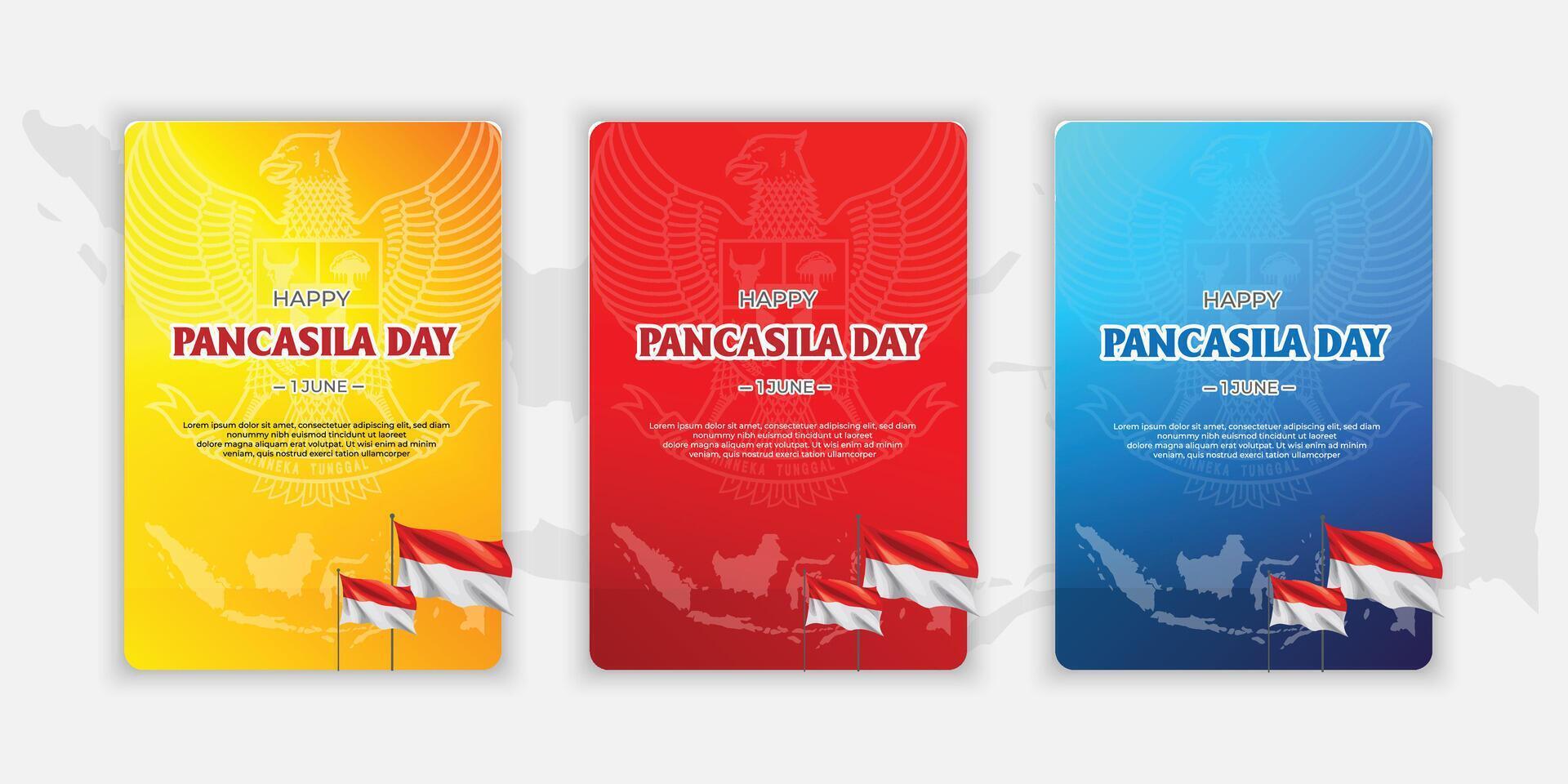 Gliederung Sammlung von Gradient Abbildungen von das Garuda Hintergrund auf pancasila Tag mit zwei Flaggen. vektor
