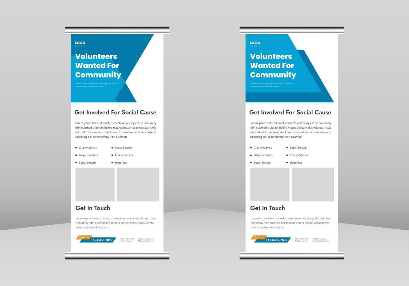Freiwilliger benötigter Flyer Roll-Up-Banner-Design, Charity-Freiwillige-Plakat-Roll-Up-Broschüren-Vorlage. Community-Freiwilligendienst-Plakat dl-Flyer, Trendgeschäft Roll-Up-Banner-Design vektor