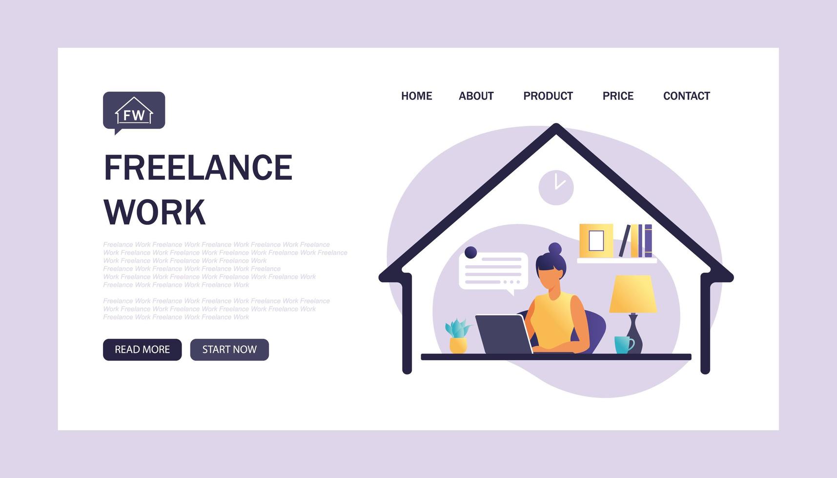 målsida för frilansande arbete. kvinna sitter vid bordet med laptop. arbetar på en dator. frilans, onlineutbildning eller koncept för sociala medier. jobba hemifrån, distansjobb. platt. vektor