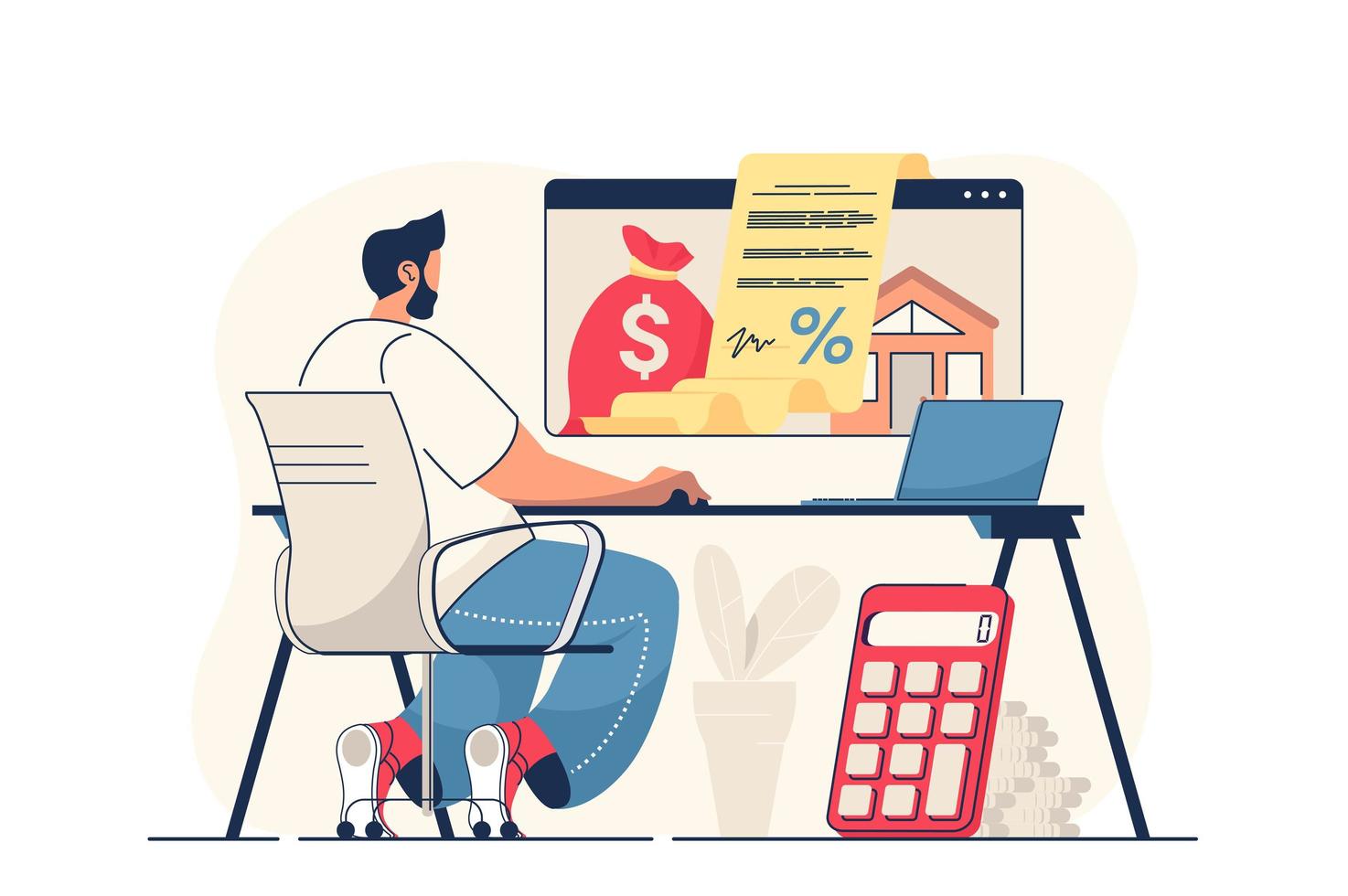 inteckning koncept för webbbanner. man tar ut bolån online, tecknar kontrakt med banken för att köpa nytt hus, modern personscen. vektor illustration i platt tecknad design med människor tecken