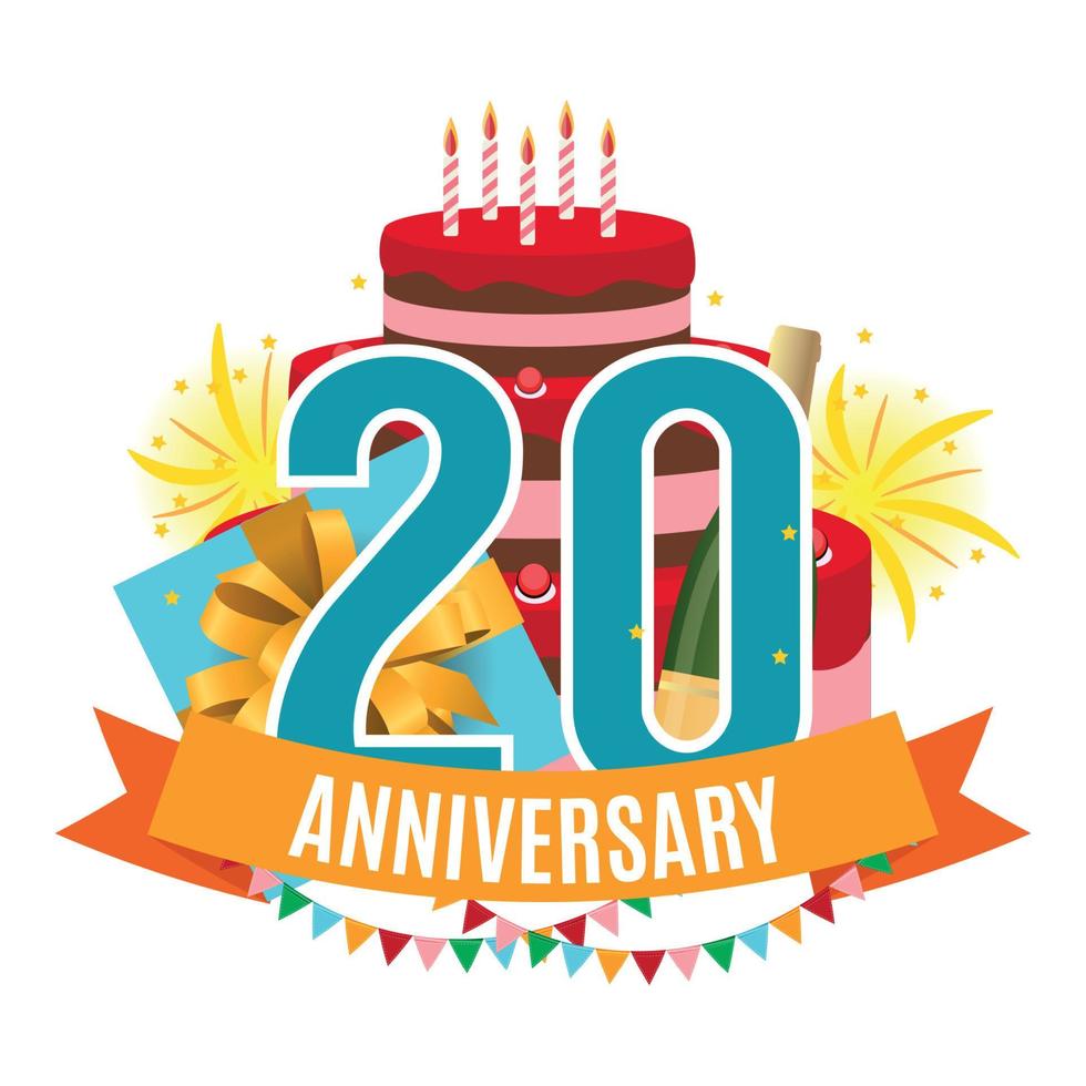 Vorlage 20 Jahre Jubiläumsglückwünsche, Grußkarte mit Kuchen, Geschenkbox, Feuerwerk und Bandeinladungsvektorillustration vektor