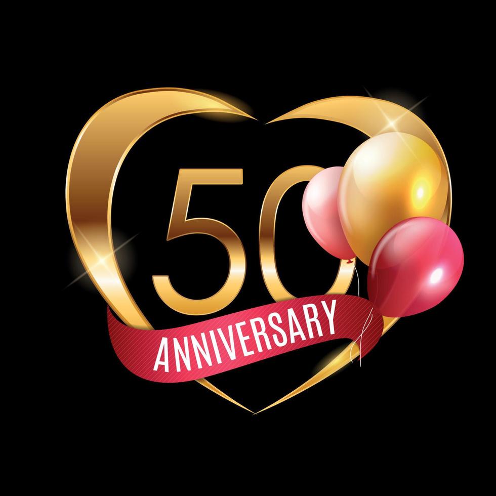 mall guld logotyp 50 års jubileum med band och ballonger vektorillustration vektor