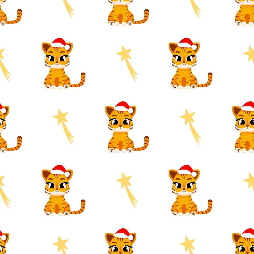 nahtloses Muster des neuen Jahres süße Tigerbabys, ein Symbol für das neue Jahr 2022 auf weißem Hintergrund. Neujahr und Weihnachten. Vektorillustration für Postkarte, Banner, Web, Dekor, Design, Kunst, Kalender. vektor