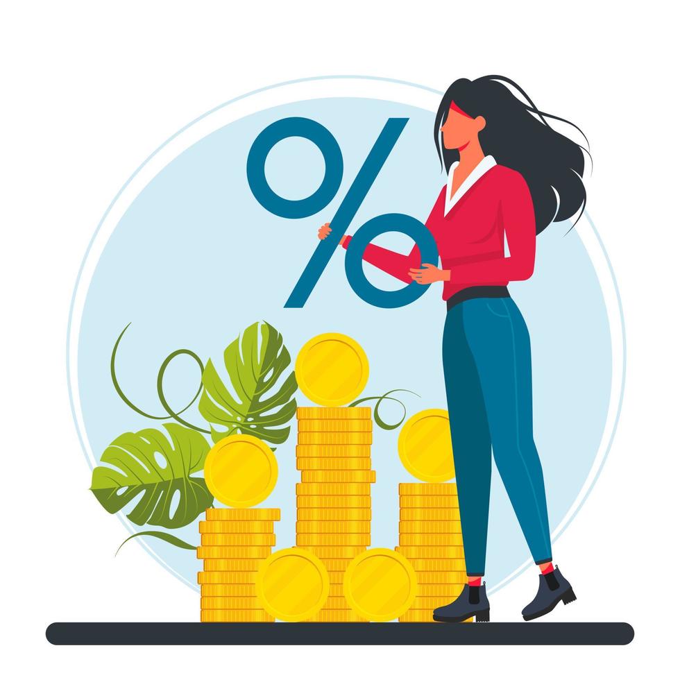 affärskvinnan står vid en stor hög med mynt och håller ett stort procenttecken i händerna. relationsekonomi. investering. spara och ackumulera pengar koncept. vektor illustration
