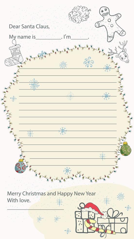 Fertiges Weihnachts- und Neujahrs-Beispielbrief-Layout für den Weihnachtsmann mit einer Textzeile auf dem Hintergrund von Geschenkgirlanden aus Lebkuchenmann und Schneeflocken vektor