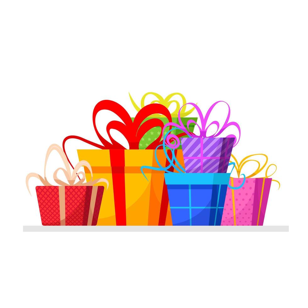 festliches Feiertagsgestaltungselement auf Stapel oder Stapel einer großen Auswahl an Geschenkboxen und Geschenkpaketen. großer Haufen bunt verpackter Geschenkboxen. Stapel von Geschenken, Überraschungen. isoliert auf weißem Hintergrund vektor