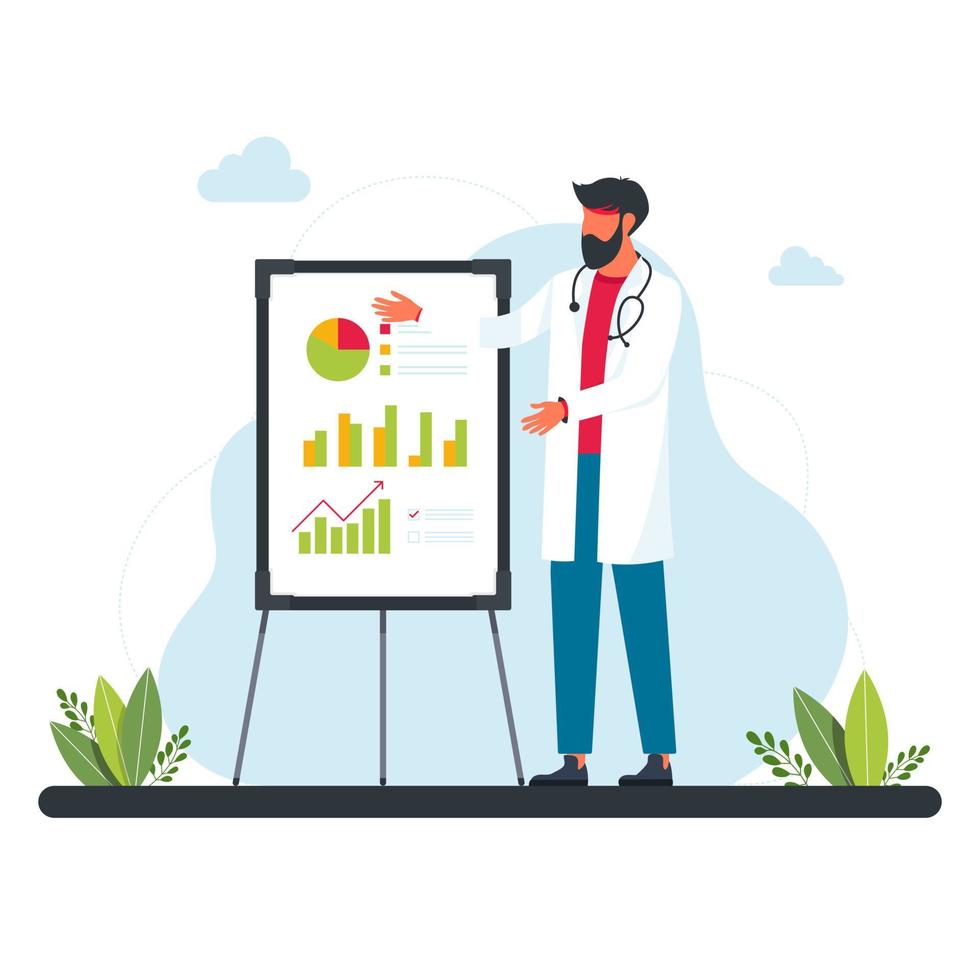 Arzt steht in der Nähe der Grafik, Diagramme, Statistiken. medizinisches Konzept. Detaillierte Darstellung des stehenden Mannes im weißen Anzug in der Nähe des Whiteboards mit Analyse- und Diagrammdiagramm. Virus, Infektion, Epidemie vektor