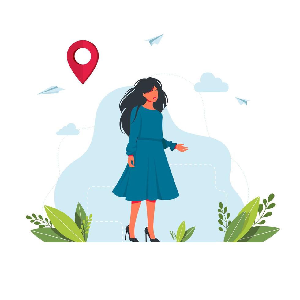 eine frau sucht auf dem navigator einen weg, einen ausweg aus der situation. Karten, Wegbeschreibungen Metaphern. Geolocation-Punktmarkierung für Navigation system.vector illustration vektor