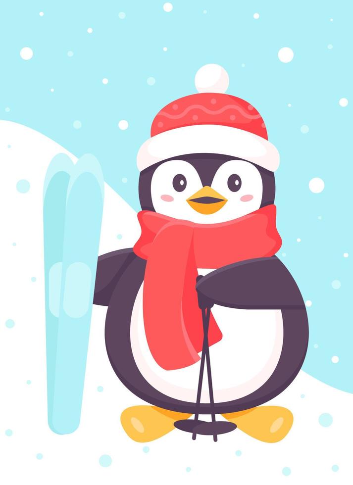 Pinguin steht mit Skiern und Skistöcken in der Hand und trägt einen Schal. Weihnachten und Neujahr. lustige Zeichentrickfigur des Skipinguins. Weihnachtspinguinskifahren, Outdoor-Aktivitäten. Vektor-Illustration vektor