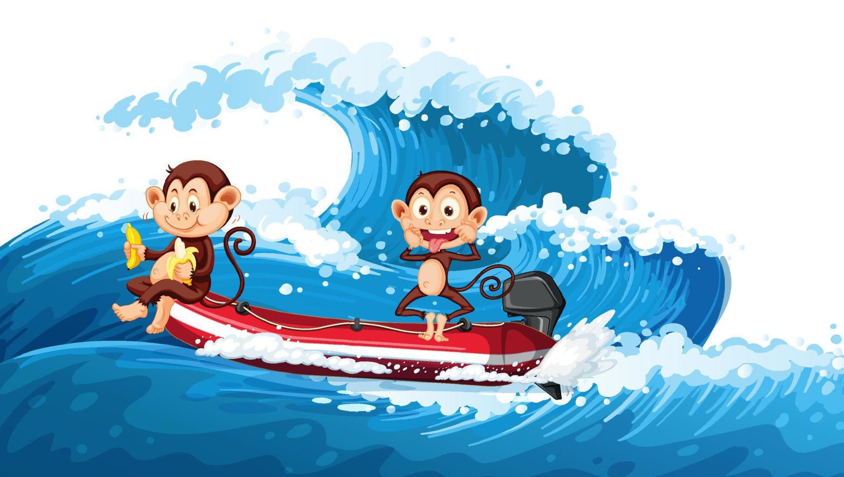 zwei kleine Affen auf einem Boot mit Meereswelle vektor