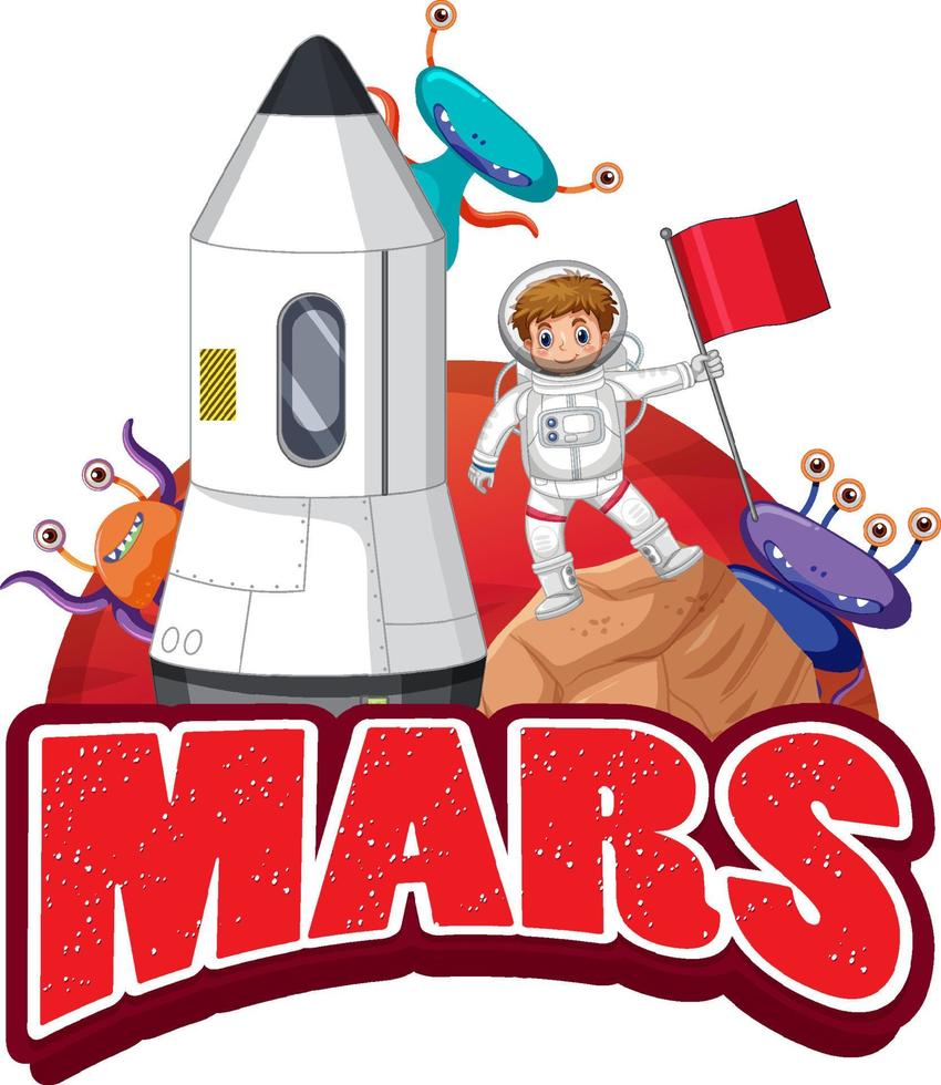 mars word logotyp design med rymdskepp och astronaut vektor