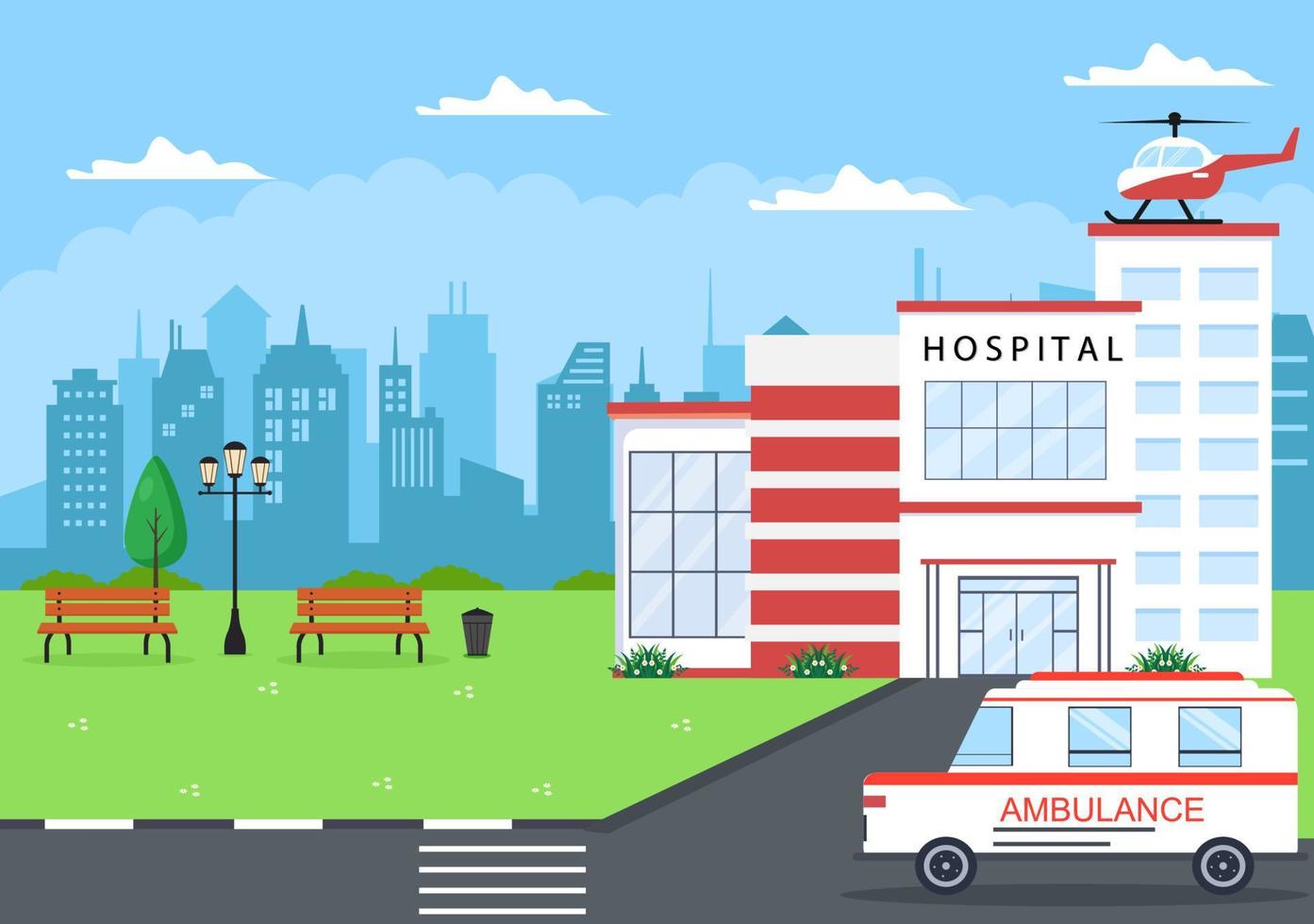 sjukhusbyggnad för sjukvård bakgrund vektorillustration med, ambulansbil, läkare, patient, sjuksköterskor och medicinsk klinik exteriör vektor