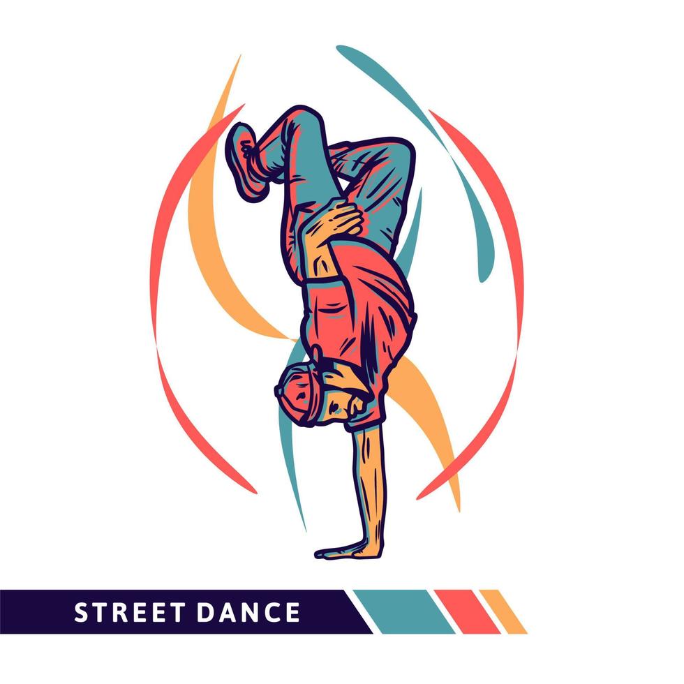 Vektorillustration Streetdance mit Mann, der Freestyle-Tanz mit Bewegungsfarbe-Vintage-Illustration macht vektor