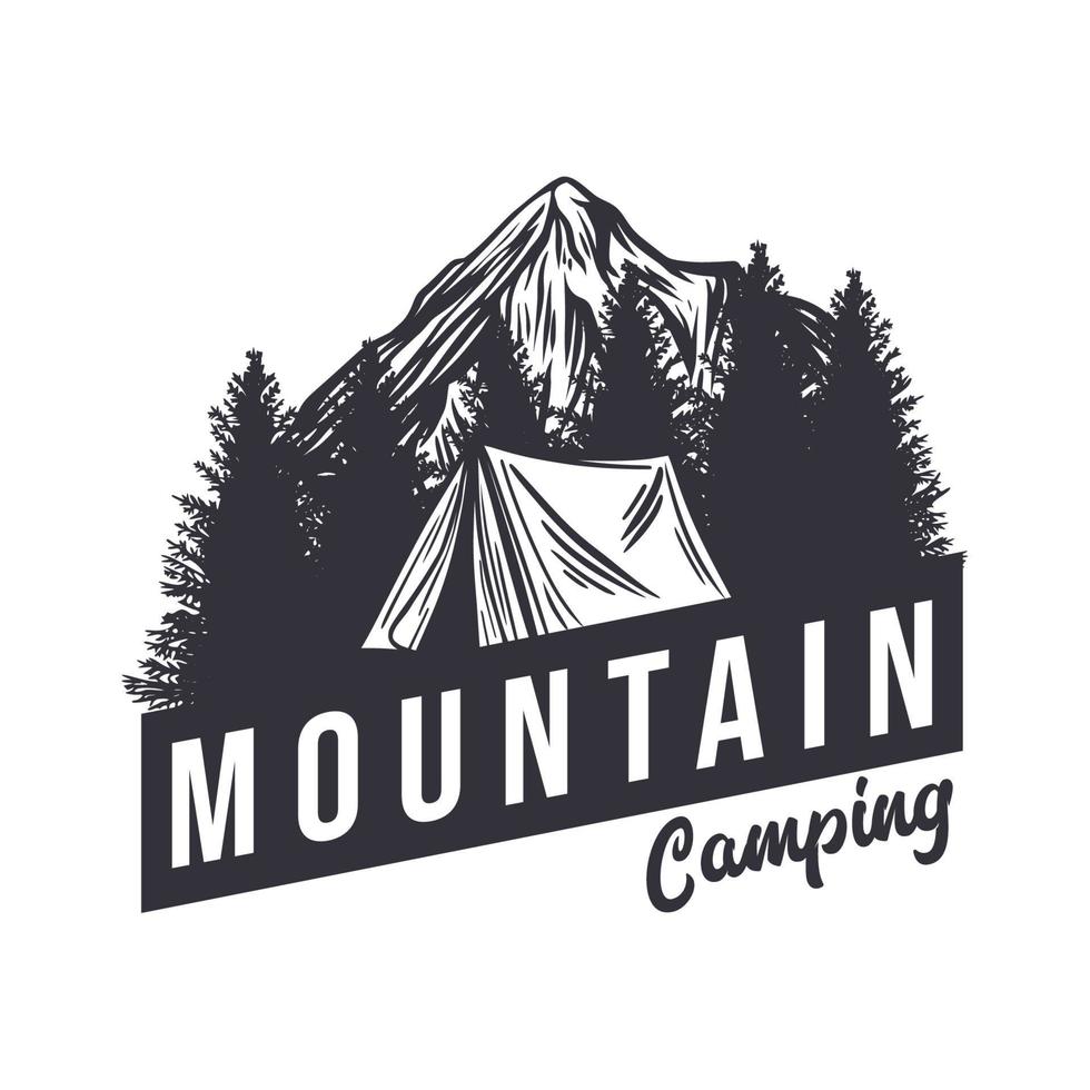 t-shirt design berg camping med camping tält och bergslandskap vintage illustration vektor
