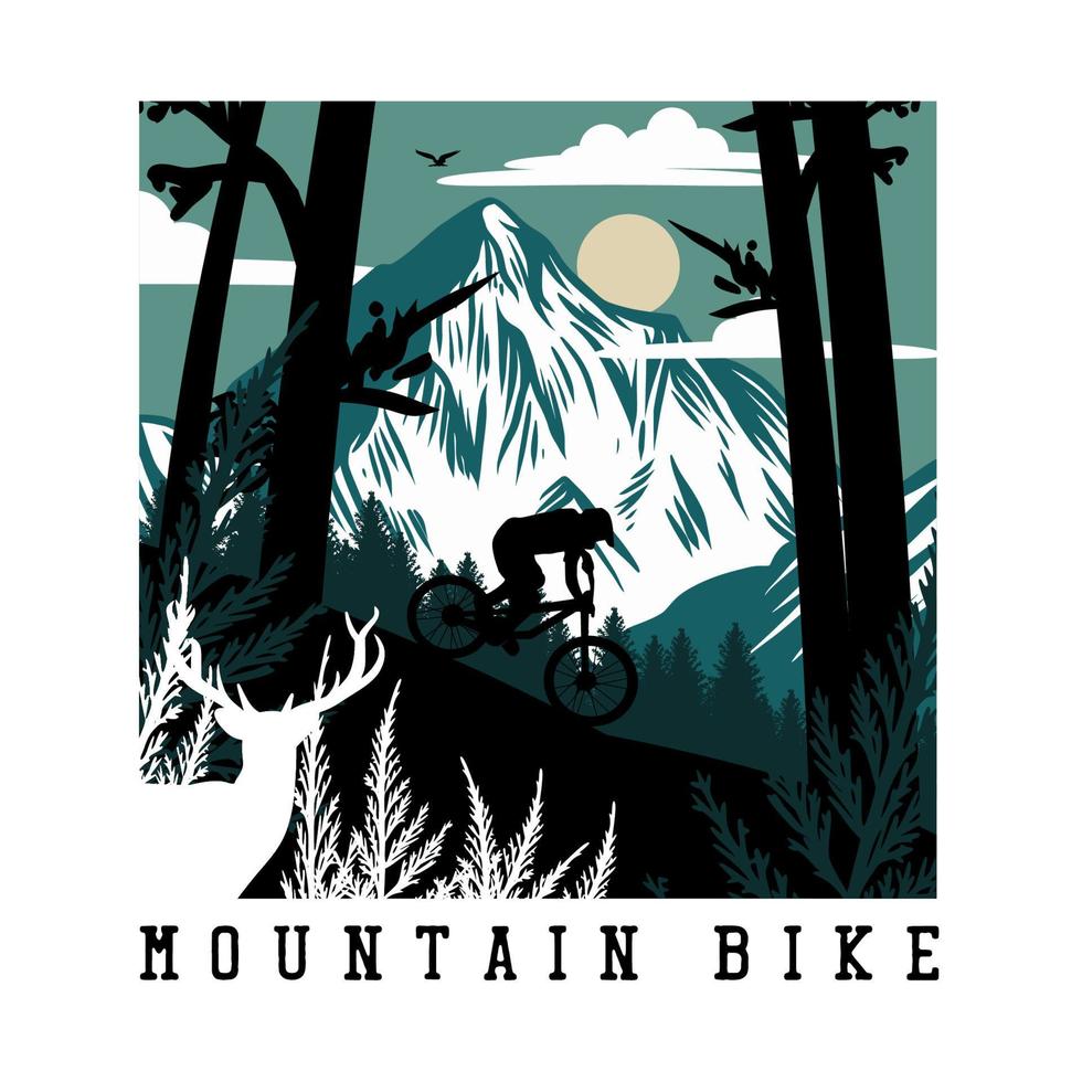 Vektorillustrations-Mountainbike mit Berglandschaft und Mann, der Mountainbike-flache Illustration fährt vektor